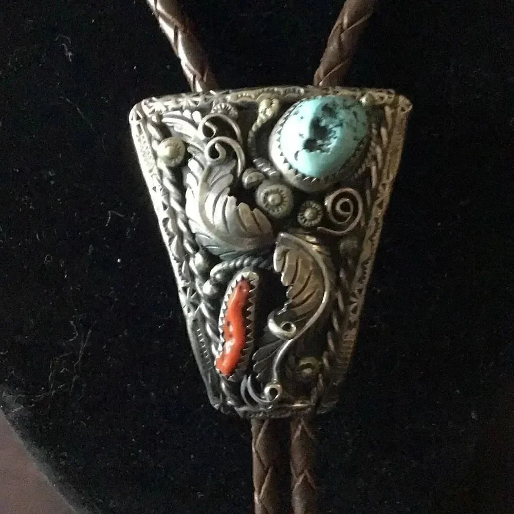 Bolo tie, Rare piece to find sterling silver Navajo bolo with turquoise and red